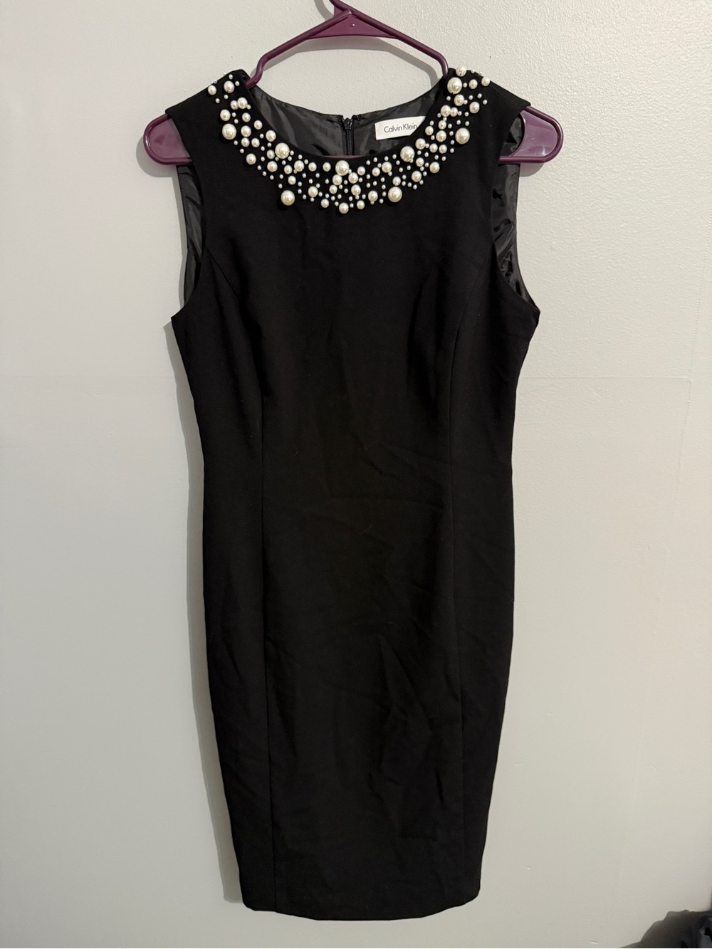 Calvin Klein Dress Womens 4 Pearl Studded Neck Pencil Cocktail Holiday New